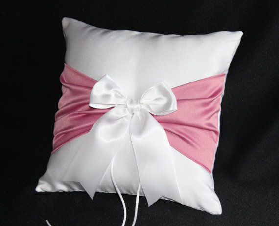 Wedding - Rose Pink Accent  White or Ivory Wedding Ring Bearer Pillow