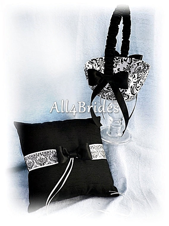 Hochzeit - Madison Damask Wedding Ring Bearer Pillow and Flower Girl Basket Black and White, Damask Weddings Ceremony Decor