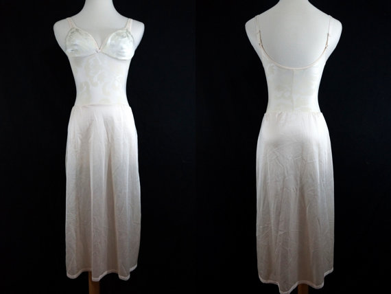 Wedding - 1970s Olga Bra Slip Full Slip Small White Nylon Fitted 32 Foundation Garment