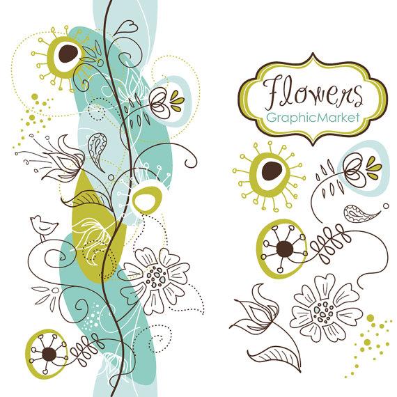 Mariage - 14 Flower Designs and a floral border - Clipart for scrapbooking, wedding invitation cards, Personal and Small Commercial Use.