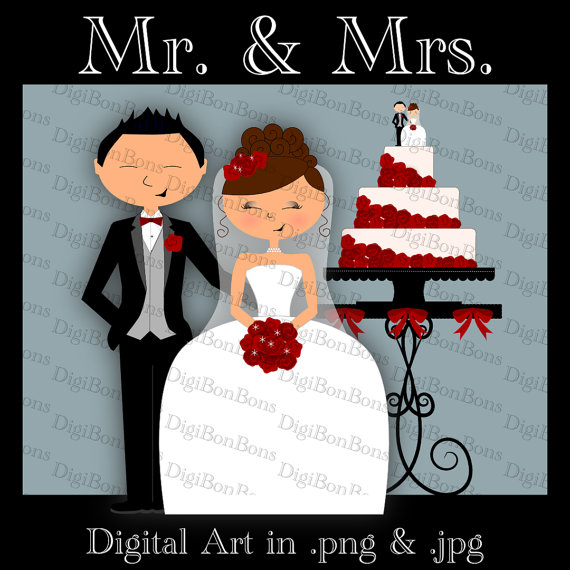 Mariage - Wedding Digital Clip Art Clipart. Bride, groom, cake, cake table, bouquet, rings, champagne flutes, roses. Commercial ok.