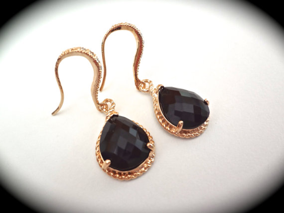 Mariage - Black and gold earrings - Bridal jewelry - 14k Gold over Sterling Cubic Zirconia ear wires -  Formal earrings - Bridesmaids - High quality -