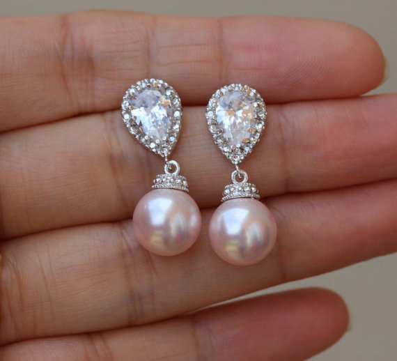 زفاف - blush pink pearl earrings  bridal pearl earring wedding pink pearl earring bridal jewelry