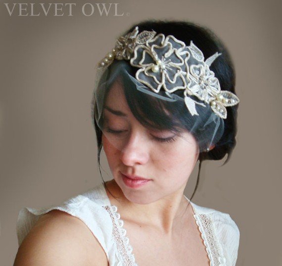 Свадьба - Bridal head band wedding head piece hair clip and detachable mini tulle veil Ivory leaves pearls head dress - CLARA LUCIA