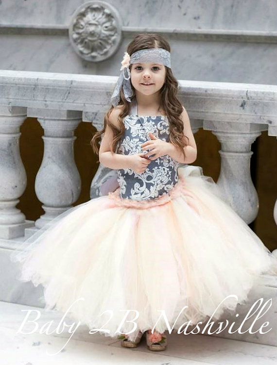زفاف - Silver Damask  Flower Girl Dress, Wedding Flower Girl  Dress, Blush and Grey Dress,Wedding Flower Girl Tutu Dress Baby to Girls 9-10
