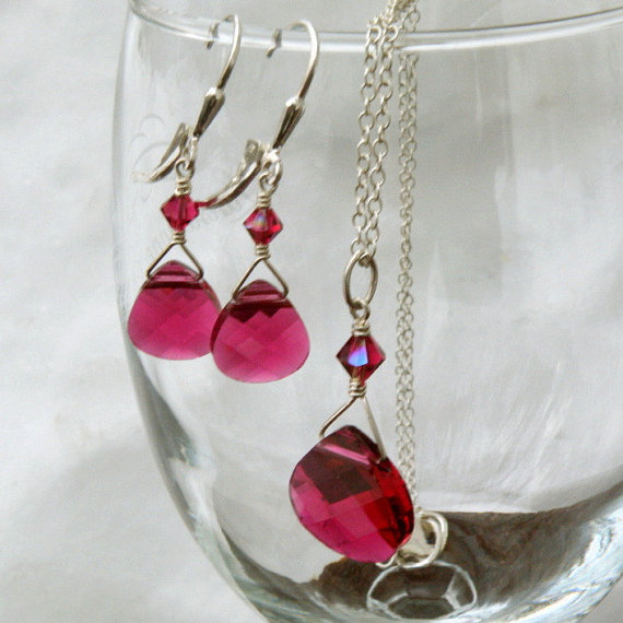 Mariage - Ruby Red Jewelry Set, Bridesmaid, Necklace and Earrings, Swarovski Crystal, Sterling Silver, Handmade Wedding Jewelry, July Birthday Gift