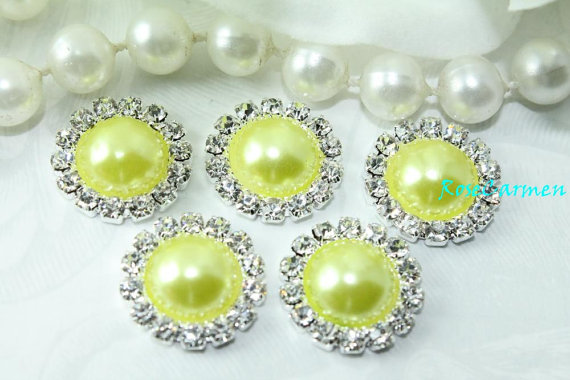 Свадьба - 5 -pcs Yellow  Rhinestone Pearl  flatback Embellishment Button invitations  hair flower - DIY supply