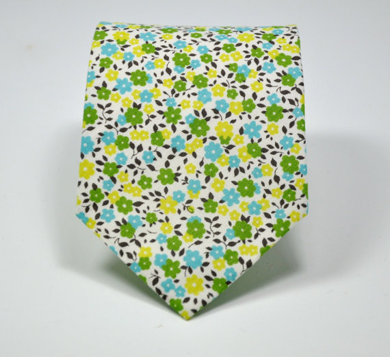 زفاف - Green, Yellow and Aqua Blue Floral Boy's Necktie Ring Bearer Tie Toddler Necktie Baby Necktie Summer Wedding Tie