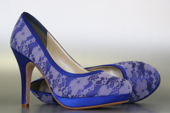 زفاف - Wedding Shoes -- Royal Blue Platform Wedding Shoes with Lace Overlay - CHOOSE YOUR COLOR