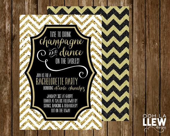 Wedding - Time To Drink Champagne and Dance on the Table Chevron Gold Glittler and Black Bachelorette Party Invitation