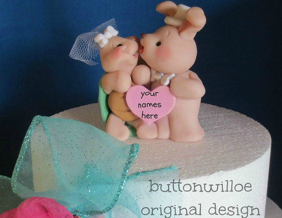 Wedding - Ready to Ship Turtle and Bunny, Kissing Tortoise and Hare Wedding Cake Topper Personalized Heart