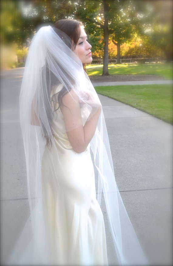 Wedding - Traditional Wedding Veil Cathedral Veil with fingertip Blusher 108" wide and long full veil white, ivory, custom cut edge 2 tier long veil