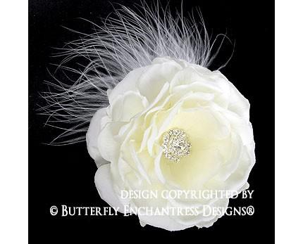 Wedding - Bridal Hair Flower Clips, Bridal Headpiece, Wedding Hair Accessory, Fascinator - Creamy Ivory Moroccan Rose Flower Feather Clip - Rhinestone