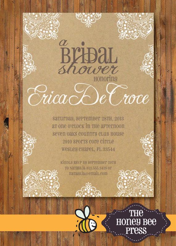 Hochzeit - Natural Elegance Bridal Shower invitation or Bridesmaids Luncheon invitation - Kraft Paper and Lace - Item 0143 - DIGITAL FILES