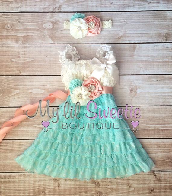 Hochzeit - Ivory, peach, light mint aqua 3 piece set, dress, sash, headband, baby girl outfit, special occasion dress, toddler dress, girls dress,