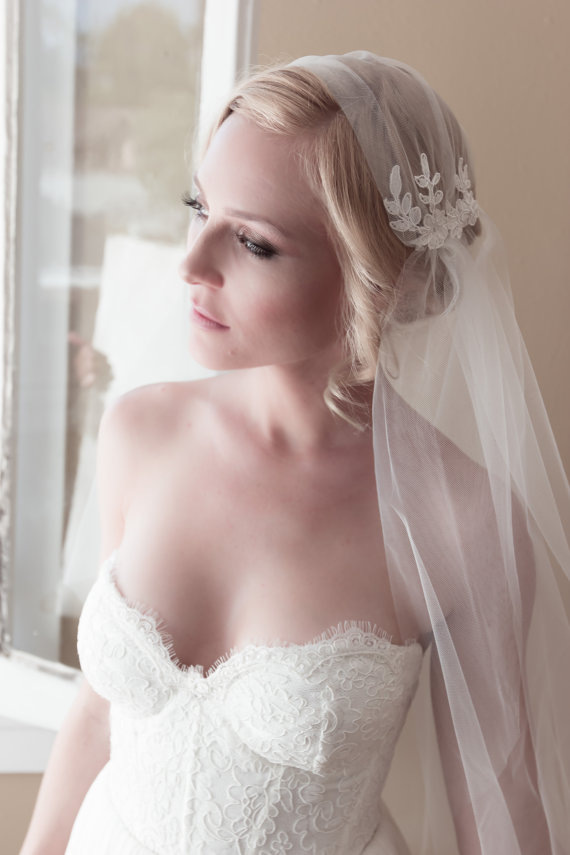 زفاف - Lace Juliet Bridal Cap Wedding Veil, Alencon Lace, Bridal Illusion Tulle, Rosa Lace Bridal Cap Wedding Veil, Style: Rosa Lace #1103