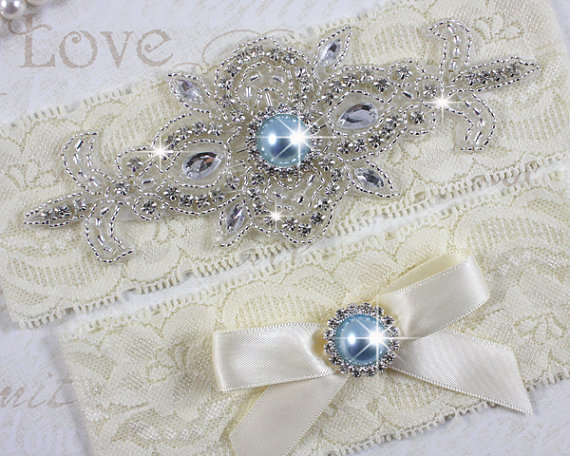 Hochzeit - MADRID II - Light Blue Wedding Garter Set, Ivory Lace Garter, Rhinestone Crystal Bridal Garters, Something Blue