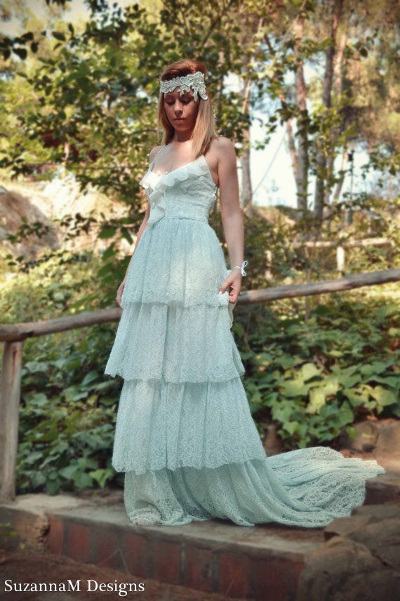 زفاف - Lace Bohemian Wedding Dress Boho Bridal Dress Long Wedding Gown Minty Pale Blue Wedding Dress - Handmade By SuzannaM Designs