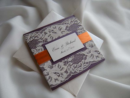 Wedding - Wedding Invitation, Lace Wedding Invitation, Orange Invitations 