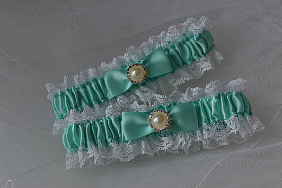 Hochzeit - Wedding Garter Set in Aqua Blue with White Raschel Lace