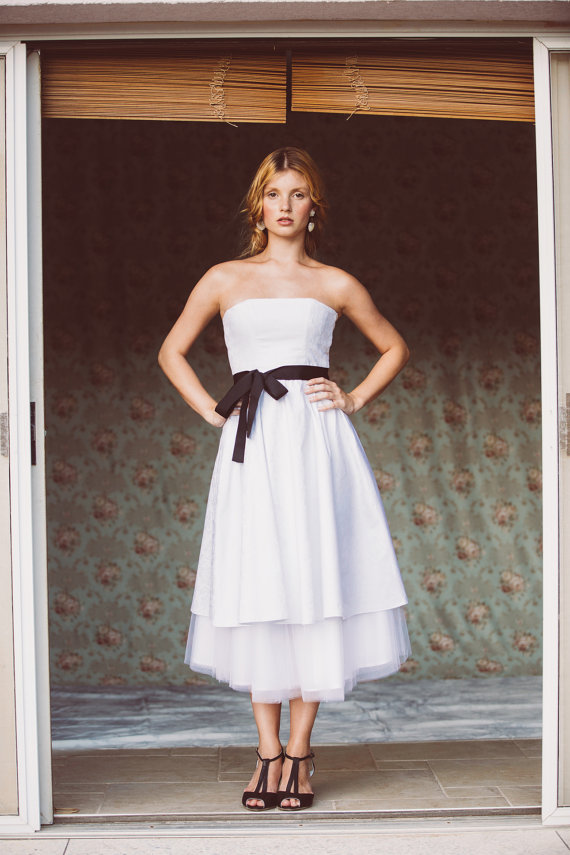 Hochzeit - Short white wedding dress, strapless tea length wedding dress with a black sash