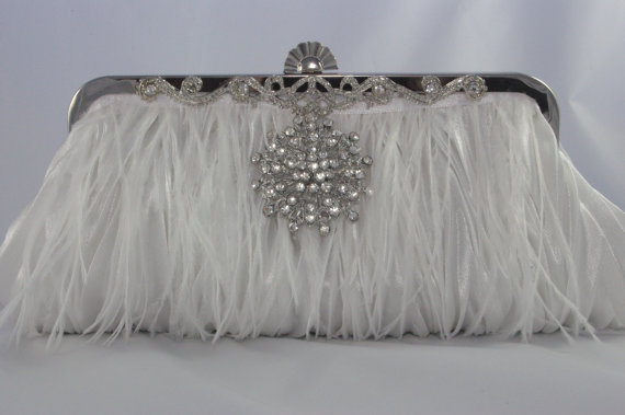 Wedding - Wedding Handbag - White Ostrich Feather Bridal Clutch Purse - Crystal Bridal Personalized Clutch - White Evening Bag - Bridal Formal Clutch