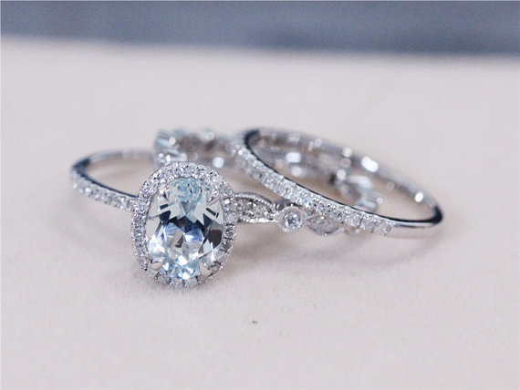 Three Rings Vs 6x8mm Blue Aquamarine Ring W Diamond Matching
