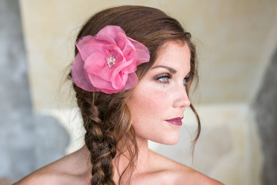 Hochzeit - Medium Pink Magenta Bridal flower hair clip, blush wedding hair fascinator accessory