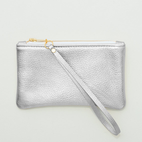 Mariage - Small Metallic Silver Leather Zipper Wristlet, Zipper Pouch, Cell Phone Pouch, Silver Clutch, Wedding Clutch
