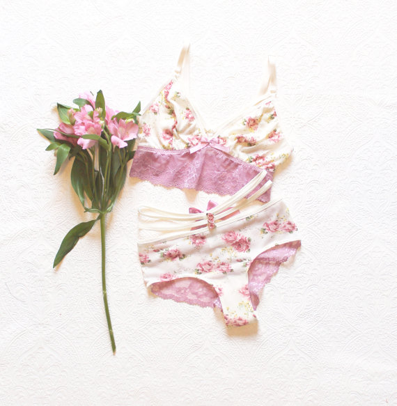 زفاف - Dusty Pink 'Roses' Strappy Brazilian Panties wtih Strappy Cropped Camisole Lace and Floral Sheer Lingerie Handmade just for You by Ohh Lulu