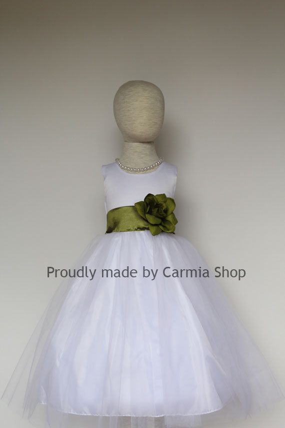 Wedding - Flower Girl Dresses - WHITE with Green Olive (FRBP) - Easter Wedding Communion Bridesmaid - Toddler Baby Infant Girl Dresses