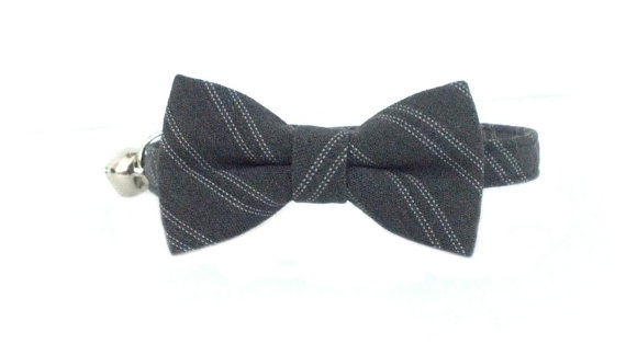 Hochzeit - Charcoal Grey Suit Stripe Cat/Kitten Breakaway Safety Collar with Matching Bowtie