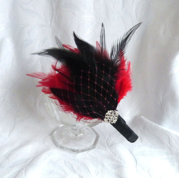 Wedding - Feather headband black and red feather fascinator wedding hair accessorie