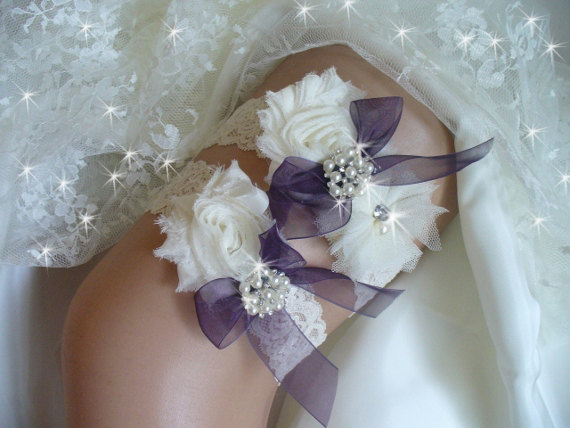 Hochzeit - White Lace Wedding Garter Belts, Ivory Lace Bridal Garter Set, Keepsake Garter, Plum Purple Shabby Chic Garter, Rhinestone Wedding Garter