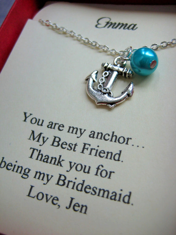 Hochzeit - Anchor Bridesmaids Gift Necklace, Free Personalized Card Jewelry Box. Other Pearl Color Available.