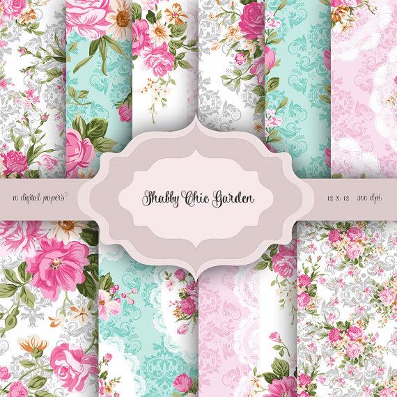 Hochzeit - Vintage Shabby chic flowers Digital Paper Pack - Vintage damask floral lace pattern background for scrapbooking, wedding invitations, cards