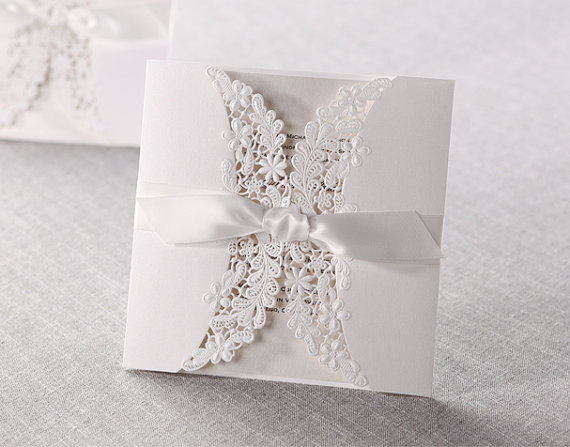 زفاف - Lace and Ribbon Wedding Invitations Laser Cut Printable Customized Unique Set, Bridal Shower - Pack of 50