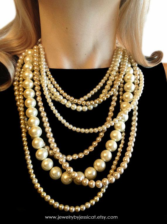 زفاف - CLASSIC, Statement Necklace, Ivory, Gold, Champagne, Almond, Gold, Pearls, Vintage, Bridal, Bridesmaid, Jewelry by Jessica Theresa