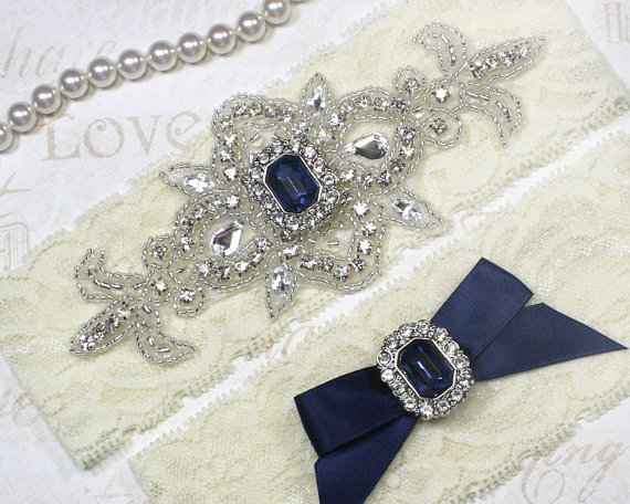 Wedding - MADRID II - Sapphire Blue Wedding Garter Set, Stretch Lace Garter, Rhinestone Crystal Bridal Garters, Something Blue