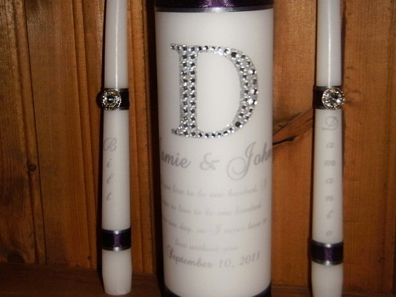 Mariage - Personalized Unity Candle Set rhinestone initial and live to one hundred verse