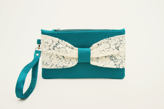 Wedding - Teal clutch with  ivory lace  bow wristelt  lace clutch,bridesmaid gift ,wedding gift ,make up bag,cosmetic bag