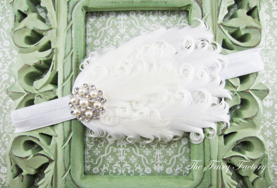 Hochzeit - White Feather Headband, White Curled Feather Headband w/ Pearls & Rhinestones, Baptism, Christening, Wedding, Baby Child Girls Headband
