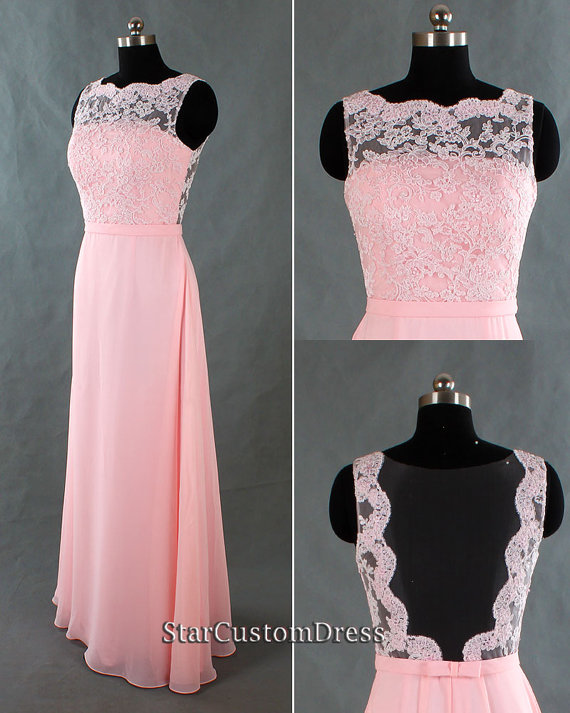 Mariage - Long Lace Bridesmaid Dress Pink Long Chiffon Dress Open Back Blush Long Formal Dress