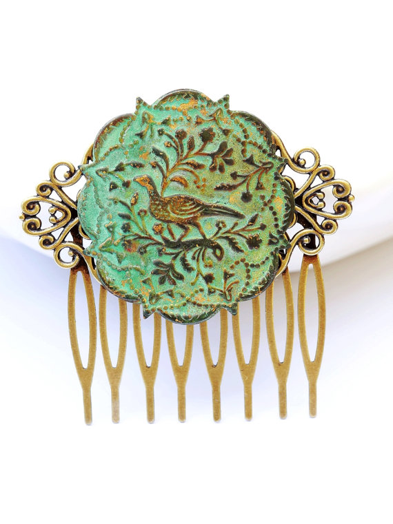 Свадьба - Peacock Brass Hair Comb, Wedding Bridal Hair Comb.Flowers Collage Hair Comb, Bridal Bridesmaid Comb,Summer,Gift for her