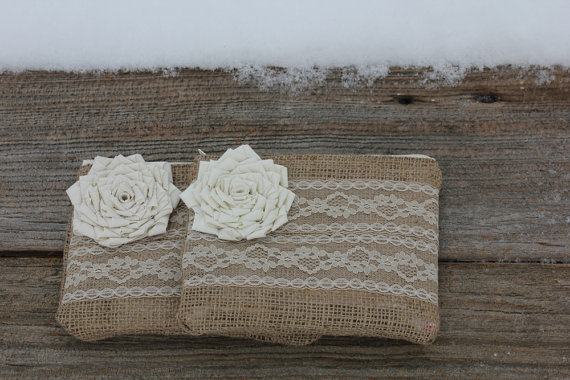 Wedding - Set of 2 Burlap and Lace Wedding Clutches - Wedding Bags - Bridal Party - You Choose The Color Flower and Lining