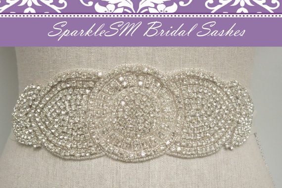 زفاف - Wedding sash, Bridal belt, Bridal sash - Satin Ribbon with Crystal and Rhinestone Beaded Applique,  Bridal Belt - Cadence