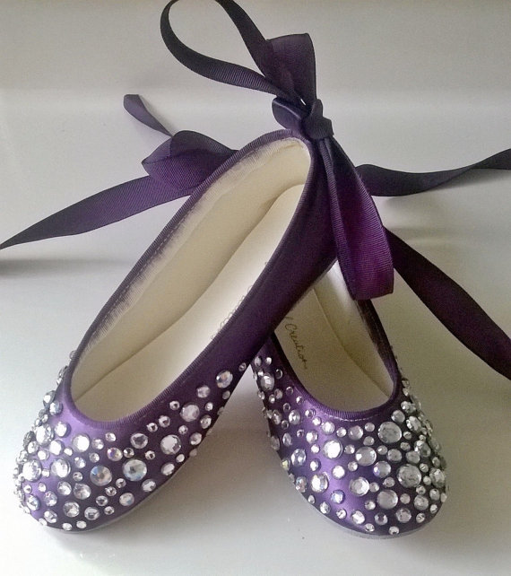 Mariage - Bling Wedding Shoes , rhinestone ballerina.flower girl, purple shoes, eggplant  flat, personalized wedding flats, crystals colored shoes