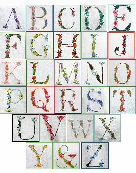 زفاف - DIY pdf Crewel Embroidery Pattern Monogram Alphabet Sampler instant download  ring bearer pillow christening gown