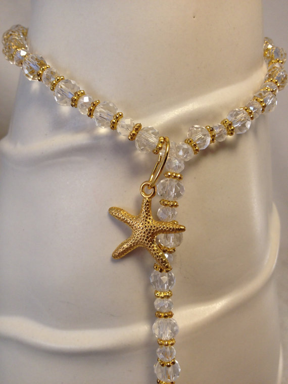 زفاف - Gold Starfish Barefoot sandals - gold and crystal beach wedding shoe, foot jewelry, toe ring anklet