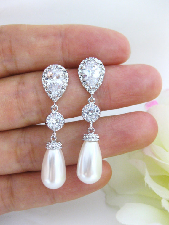Hochzeit - Swarovski Teardrop Pearl Earrings Cubic Zirconia Earrings Bridal Pearl Earrings Wedding Jewelry Bridesmaid Gift Bridal Earrings (E089)